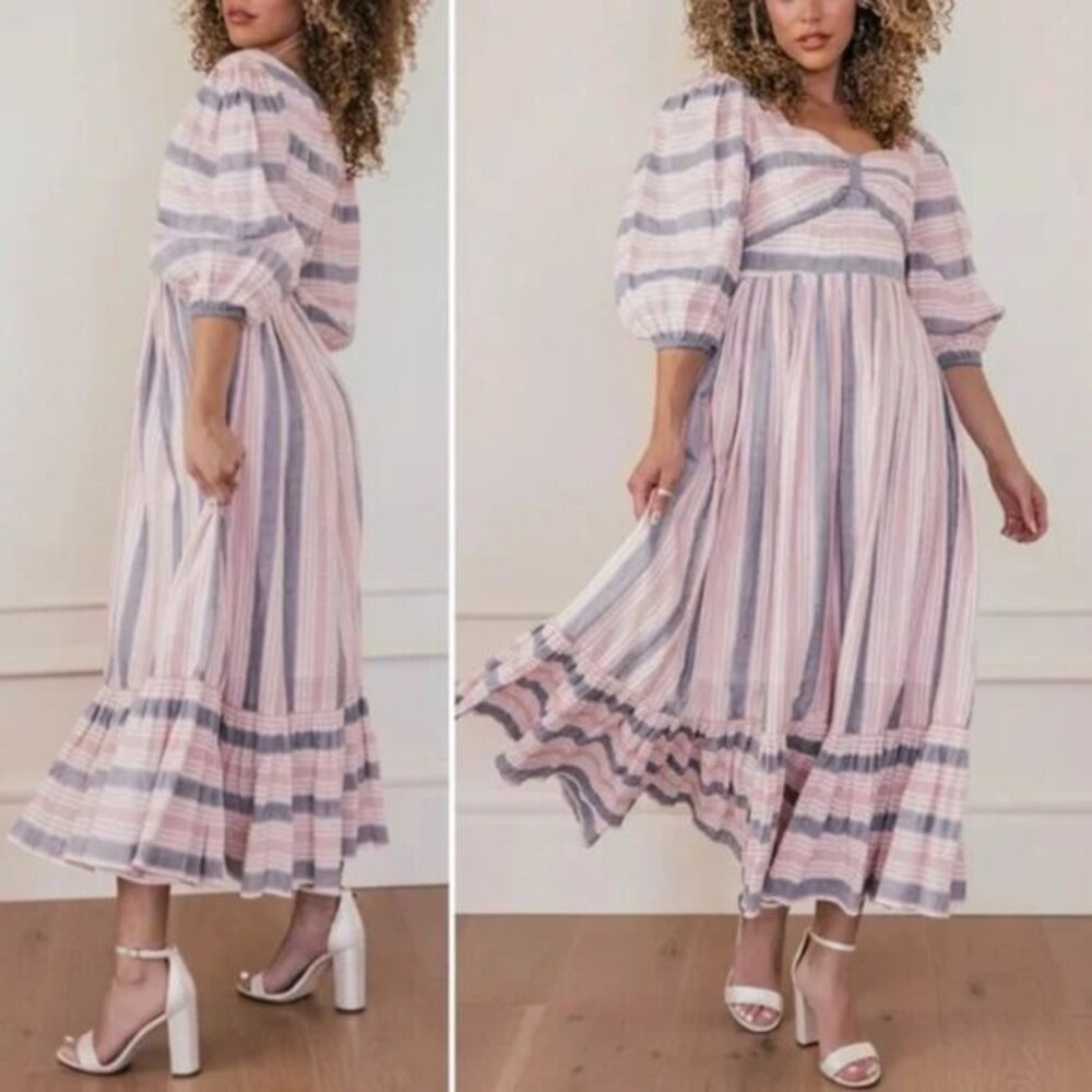 JessaKae Carina Dress Size 2X Pastel Stripe Midi Puff Sleeve‎ Cottagecore Boho